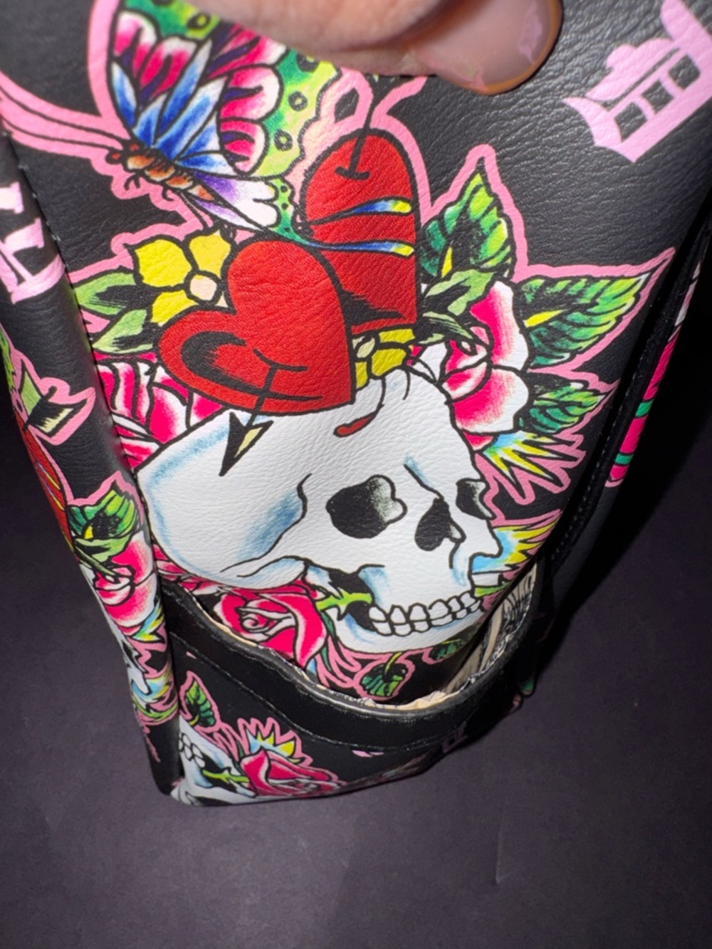 Ed Hardy Black Floral Skull Tote Bag - Pink Accents BNWT - Picture 5 of 11